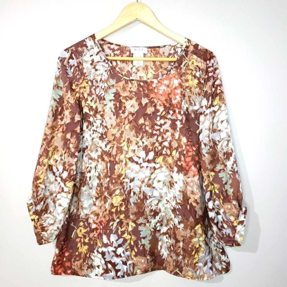 🦋2/$25 Kate Hill Size 12 Petite Yellow Brown Print 3/4 Sleeve Scoop Neck Blouse